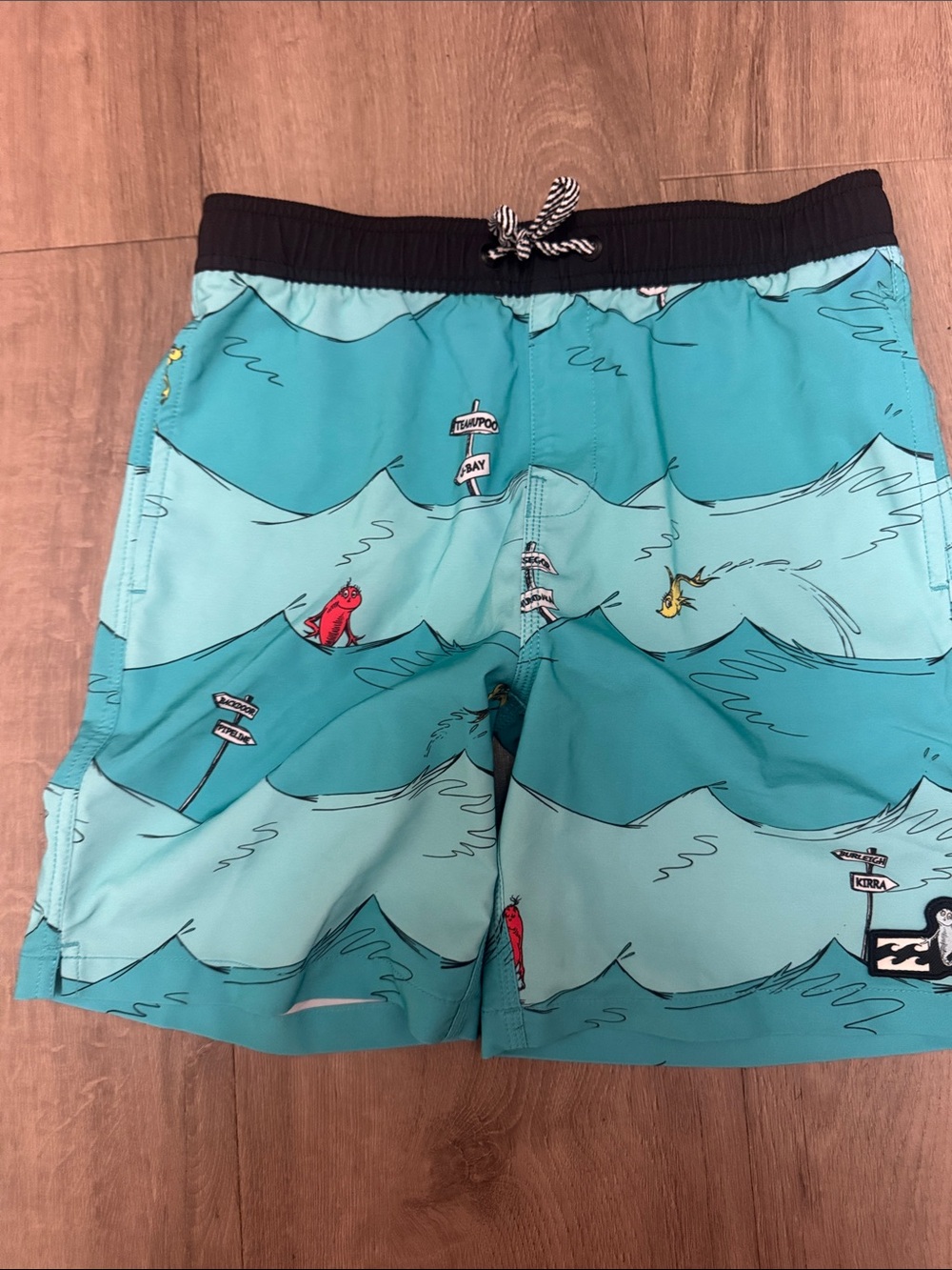 Billabong Kids Turquoise Wave Print Swim Trunks with Black Waistband. Waist 26